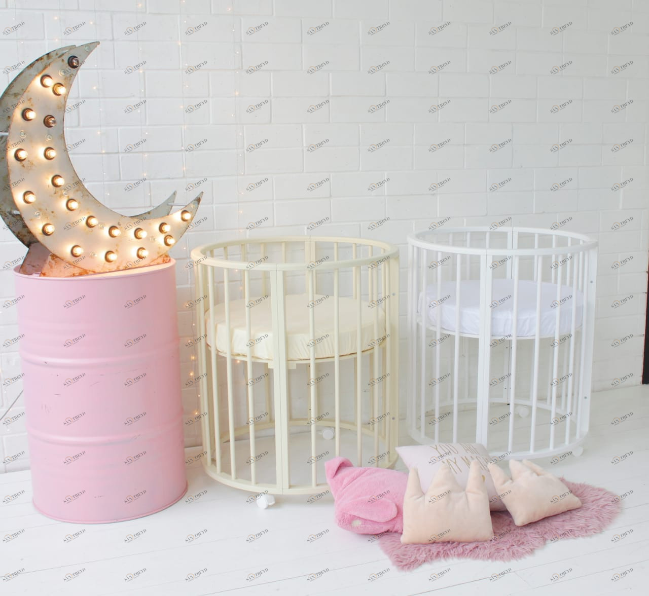 Круглая кроватка-трансформер 7 в 1 слоновая кость (72х72 см) QUEENBABY ДИЗАЙНЕРСКИЕ 178564 Белый;молочный 