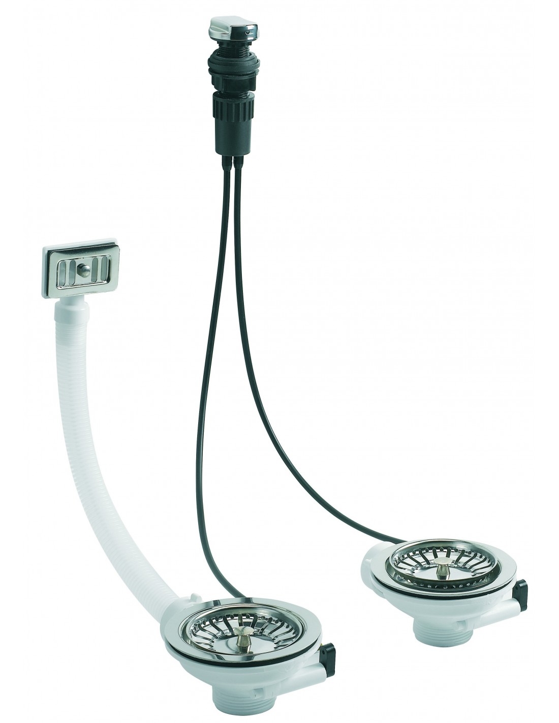 438000 000 00  Сетчатый фильтр для мойки с 2 чашами, автоматический трос с переливом, Д. 90 мм, зажим 0/18 мм, нержавеющая сталь Valentin Сталь 