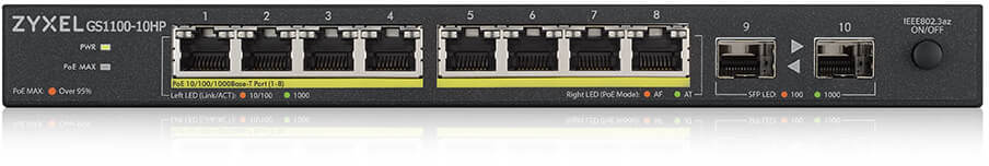 GS1100-10HP-EU0101F gs1100-10hp poe + switch 8xge poe +, 2xsfp, desktop, silent, 130w poe budget ZyXEL Santreyd 