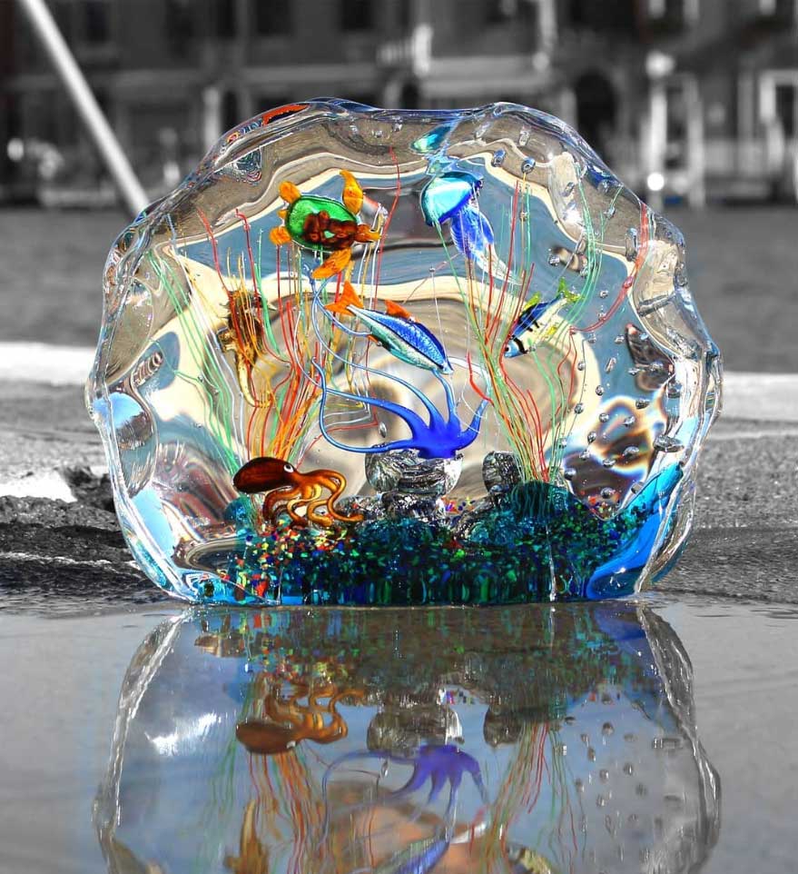 4615 ORIGINALMURANOGLASS Скульптура Аквариум с тропическими рыбками - муранское стекло OMG 26 см  - Вид №1