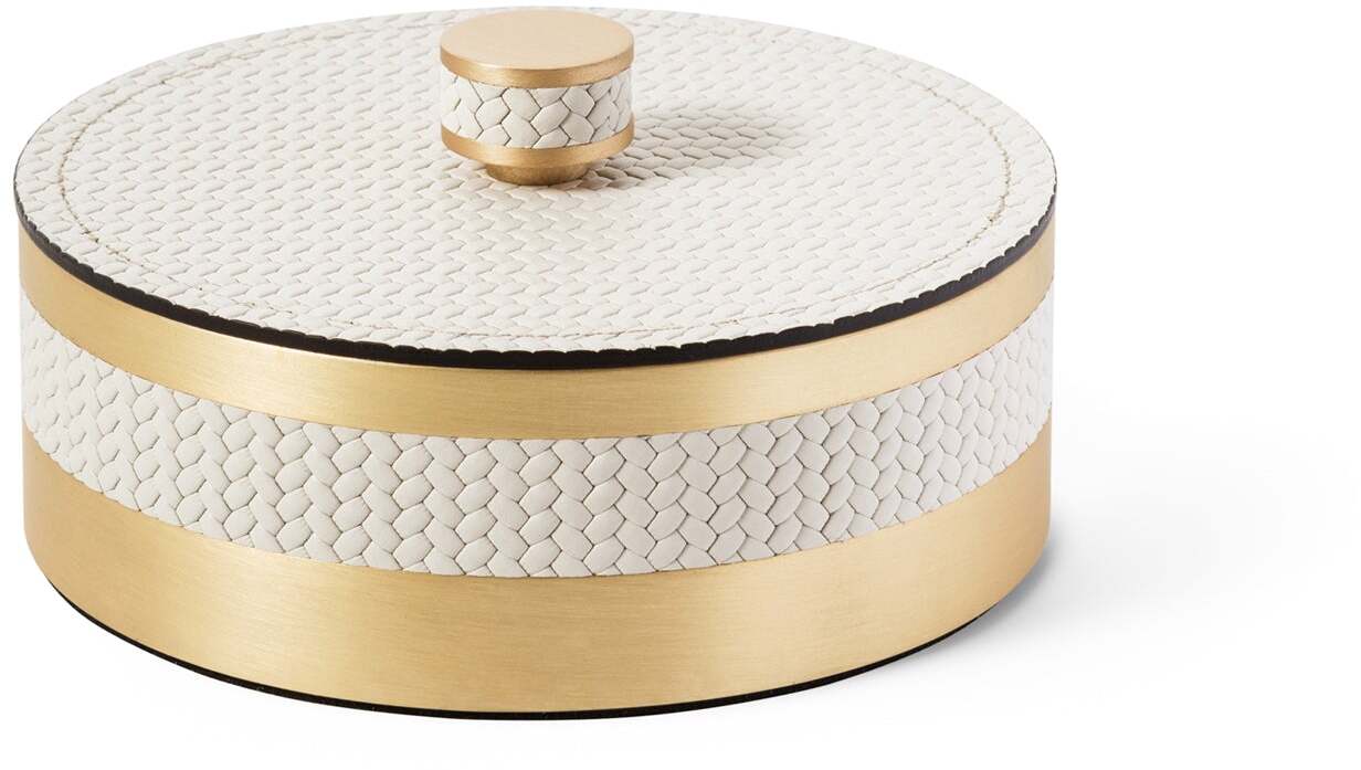 Шкатулка Saturno - Ø 15XH5,5 см / металлическая отделка_сатинированная латунь / плетеная кожа_черный
