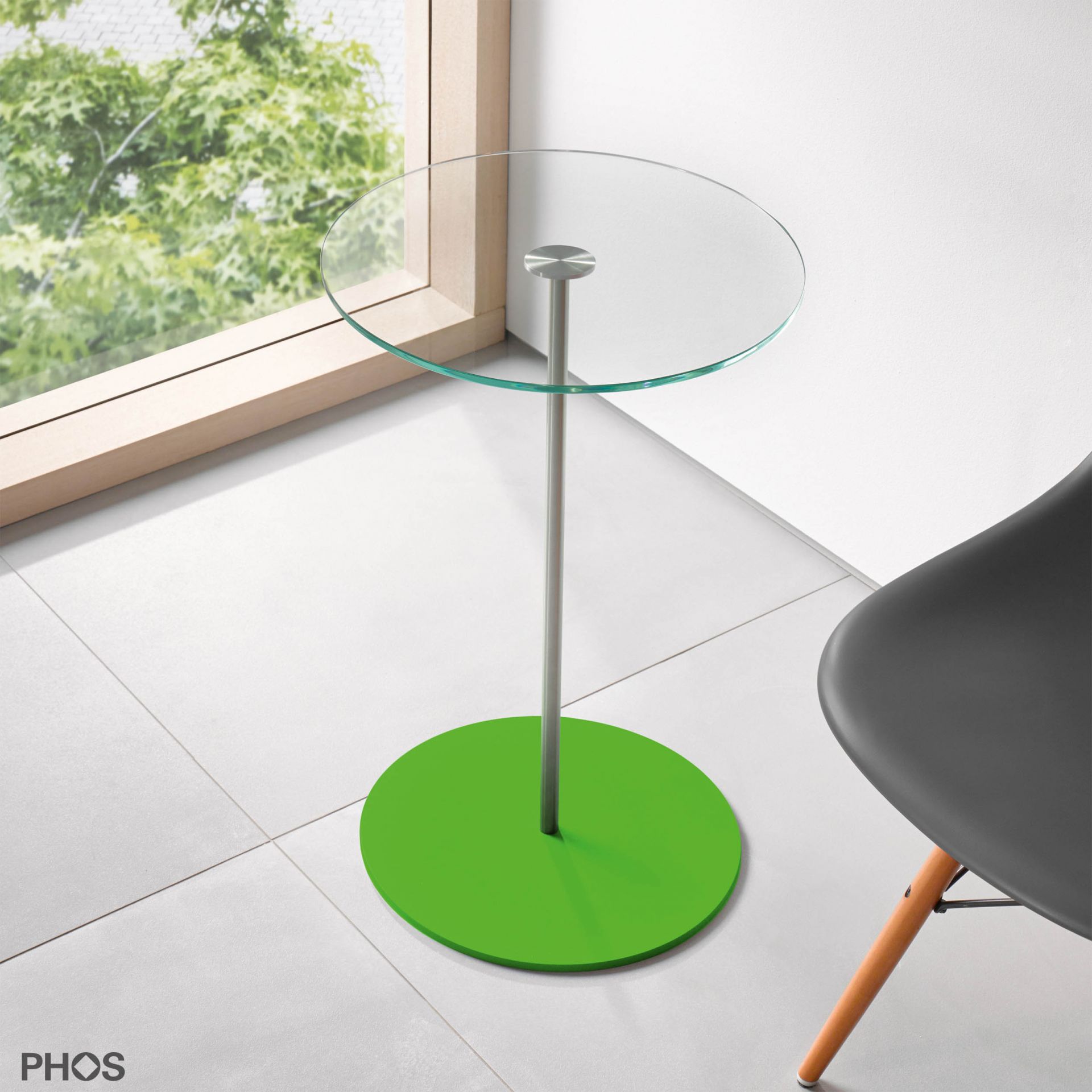 BT600G-BPGr Приставной столик со стеклянной полкой, высота 60 см, основание: зеленое PHOS 