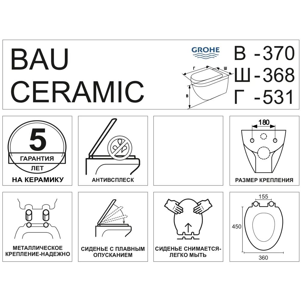 Унитаз подвесной Grohe Bau Ceramic 39351000 безободковый с микролифтом 81972284 STLM-2197433 - Вид №7