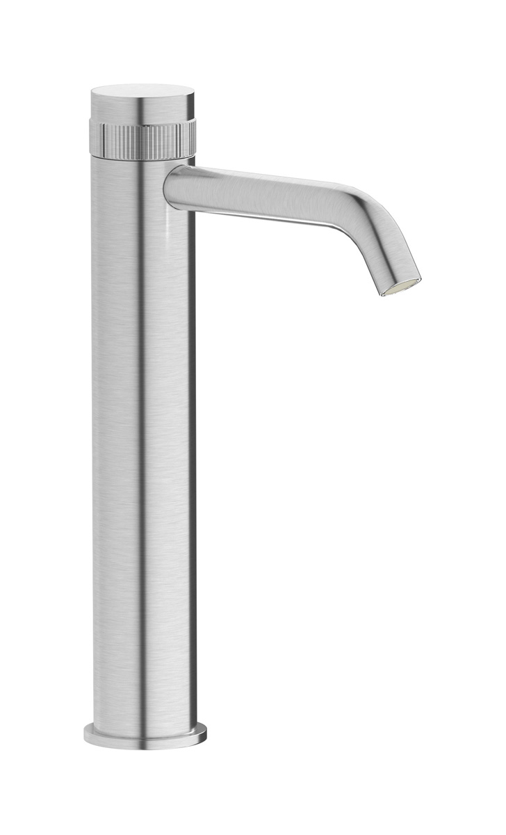 Высокий монорычажный прогрессивный смеситель на раковину в комплекте с донным клапаном. WE ARE IB rx202ss Brushed Nickel Reflex