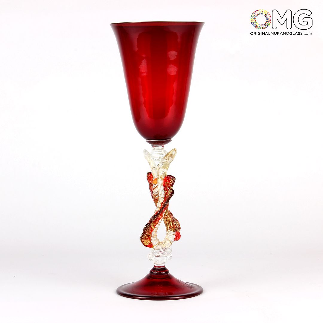 1933 ORIGINALMURANOGLASS Венецианский красный бокал с фигурной ножкой - муранское стекло 10 см  - Вид №1
