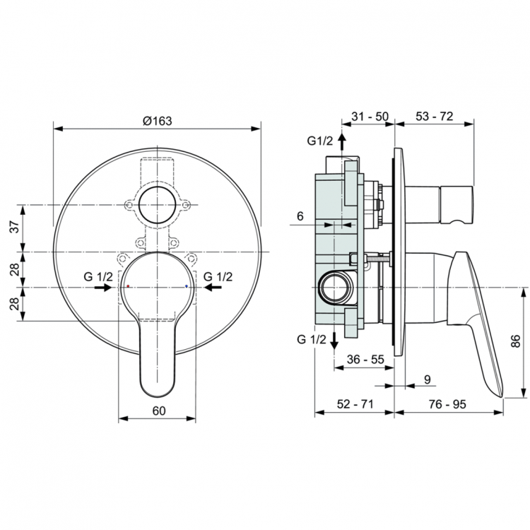 A7165AA Встраиваемый смеситель для ванны/душа Ideal Standard DOT 2.0 - Вид №1