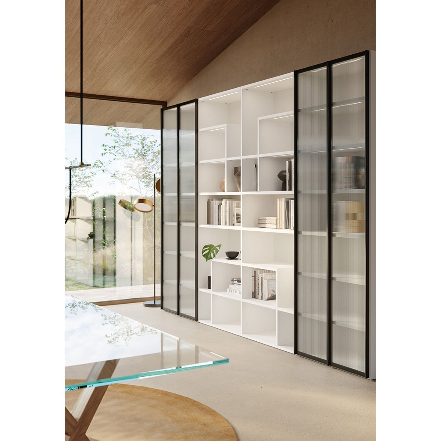 Секционный книжный шкаф из дерева и стекла с освещением Zalf Freespace ARCH-00008430