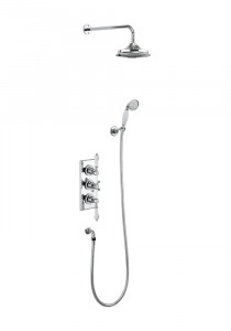 Burlington Термостатический скрытый душевой клапан с двойным выходом Trent, фиксированный душевой кронштейн, трубка и держатель со шлангом с розеткой с белым акцентом и 12-дюймовой розой TF3S-V60