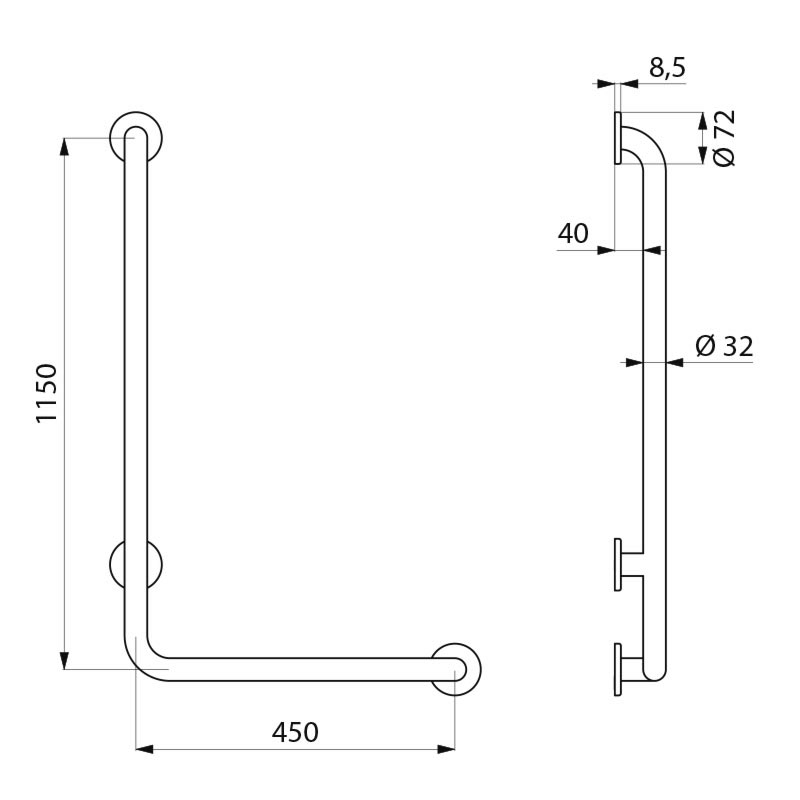 5071DP2 L-образный поручень для душа, полированная сталь, в. 1150 мм DELABIE  - Вид №1