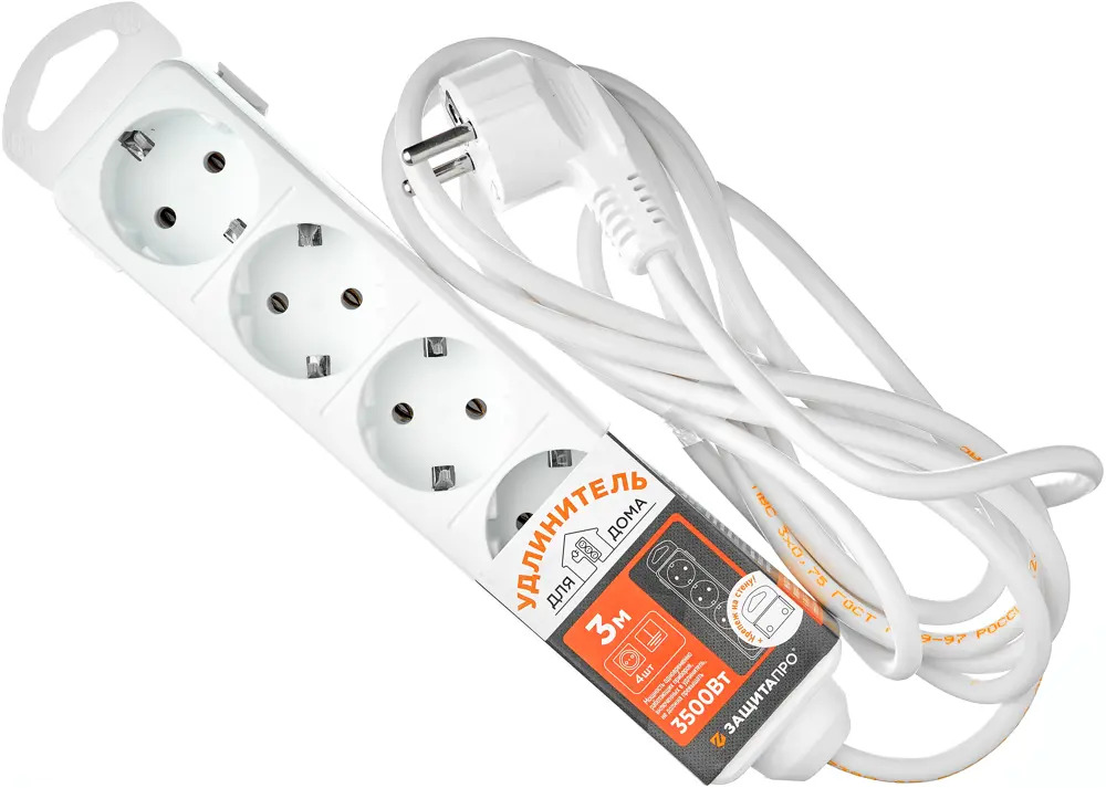 Удлинитель Защита Про с заземлением 4 розетки 3 метра 3500 Вт 82741173