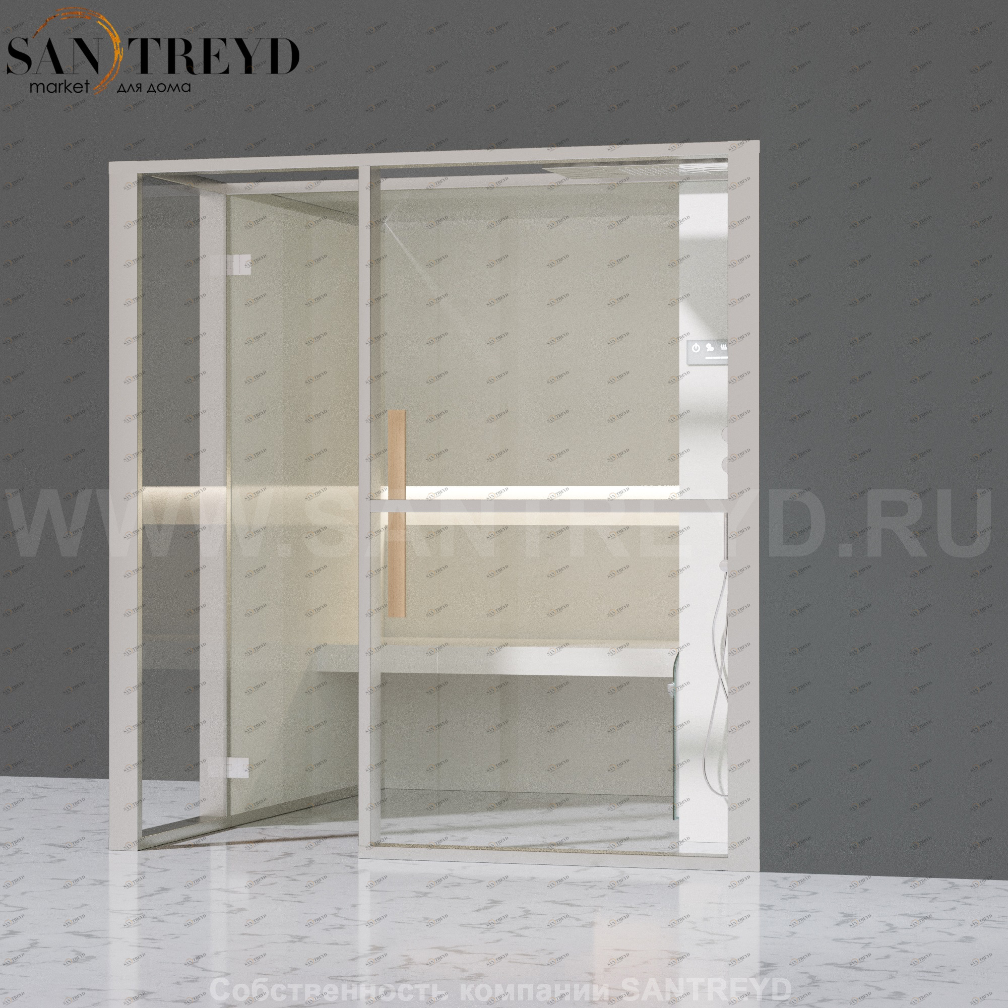 Effegibi LOGICAFILO H LO31020007 Хаммам. Установка: в правый угол. Правая дверь. Мощность: 4,5 кВт макс. Размеры: длина 214 см, ширина 250 см. Отделка: матовый лакированный белый аллюминий и серый ламинат из керамогранита.