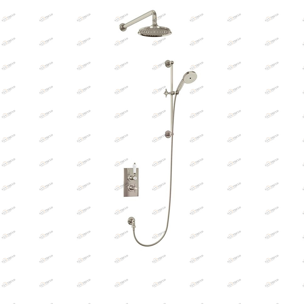 Душевая стойка с встроенным термостатом на 2 выпуска, верхняя лейка 9', НИКЕЛЬ [BARC64 NKL + ARCV17 NKL] Arcade Burlington ARC64, ARCV17 NKL