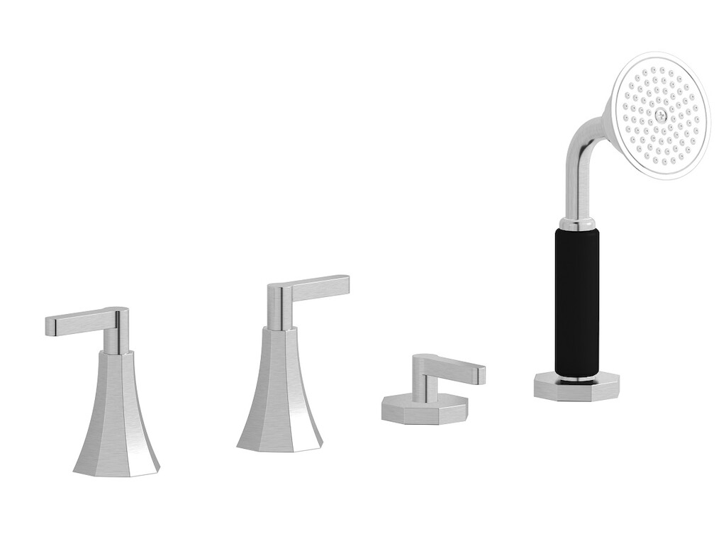 Смеситель на бортик ванной на 4 отверстия с изливом, дивертером и душевым гарнитуром. WE ARE IB bl397ss Brushed Nickel Belmondo 