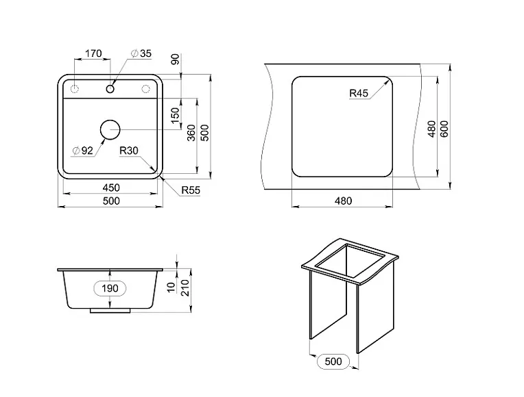 5001, ГРАФИТ, кухонная мойка, СтандАРТ кварц GRANULA Standart 5001-ST33 - Вид №2