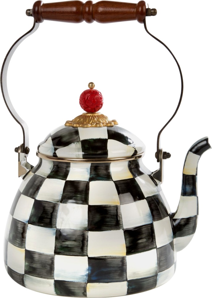 10586112 Mackenzie-Childs Чайник 2л Courtly Check 18Dx27H сталь, эмаль, бронза, латунь, дерево, искусственная киноварь 