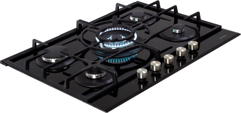 HGG 785 CTN Встраиваемые газовые панели / газ, crystal, 72x50 см, газовая, стеклокерамика, независимая, 5 конфорок, электроподжиг, газ-контроль, чугунные решетки, в комплекте - подставка wok и адаптер для кофейника, черная Korting Santreyd  - Вид №2