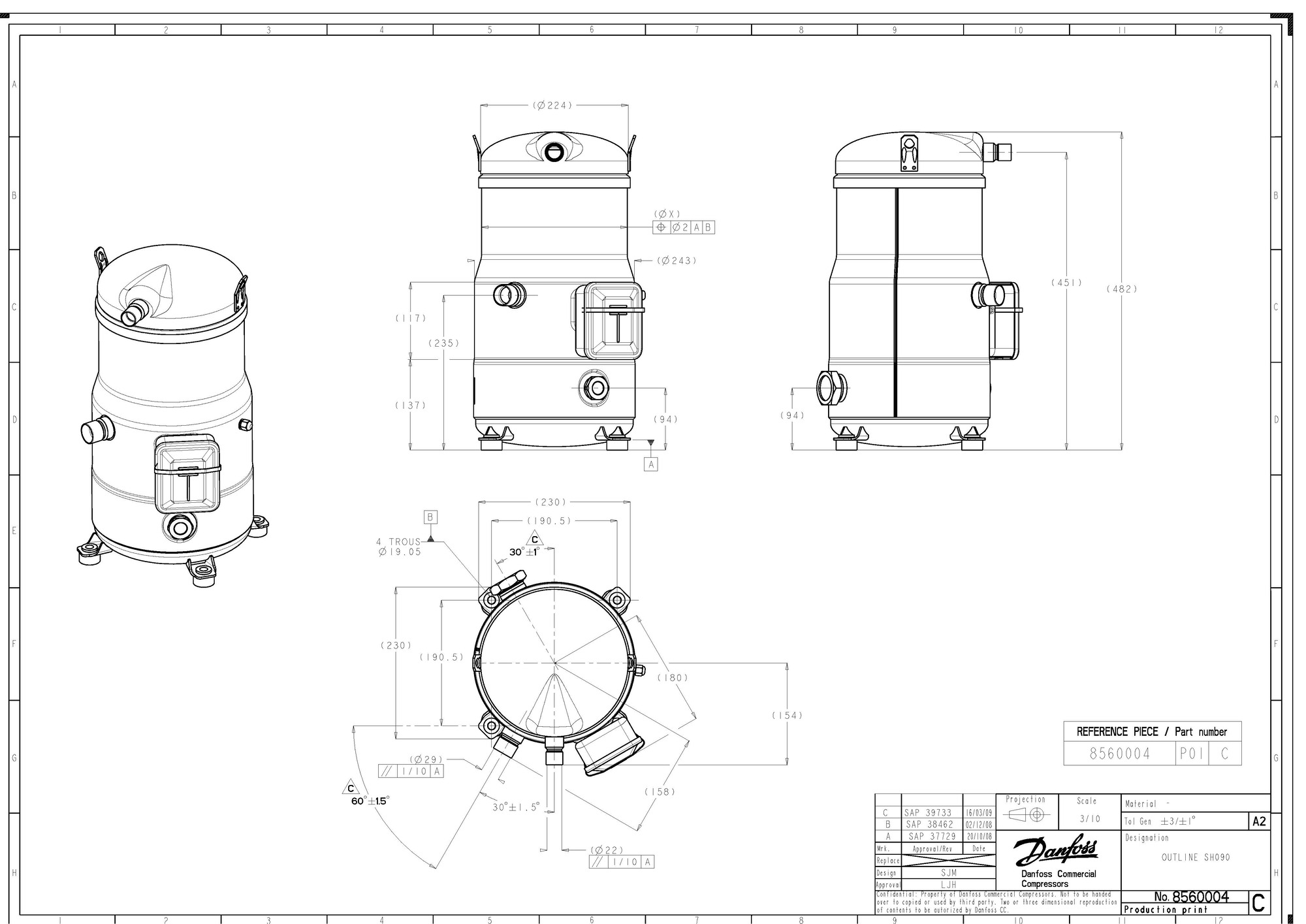 Danfoss SH — Герметичные спиральные компрессоры, R410A SH184A4ALC Компрессор спиральный 120H0361  - Вид №12