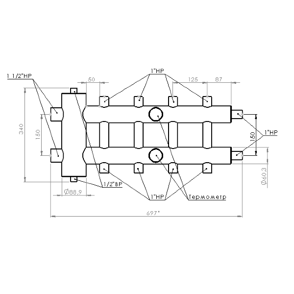 Купить Распределительный коллектор с гидрострелкой 120 кВт, 5 контуров Прокситерм GSK405 - Вид №8