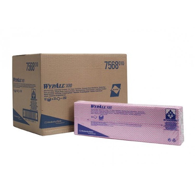 7568 Kimberly Clark Протирочные салфетки листовые Kimberly-Clark WypAll X80 7568 1-слойный 10 пачек по 25 листов, красный 