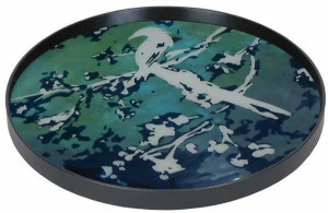 Ethnicraft Круглый поднос из дерева и стекла Ocean blue 20345