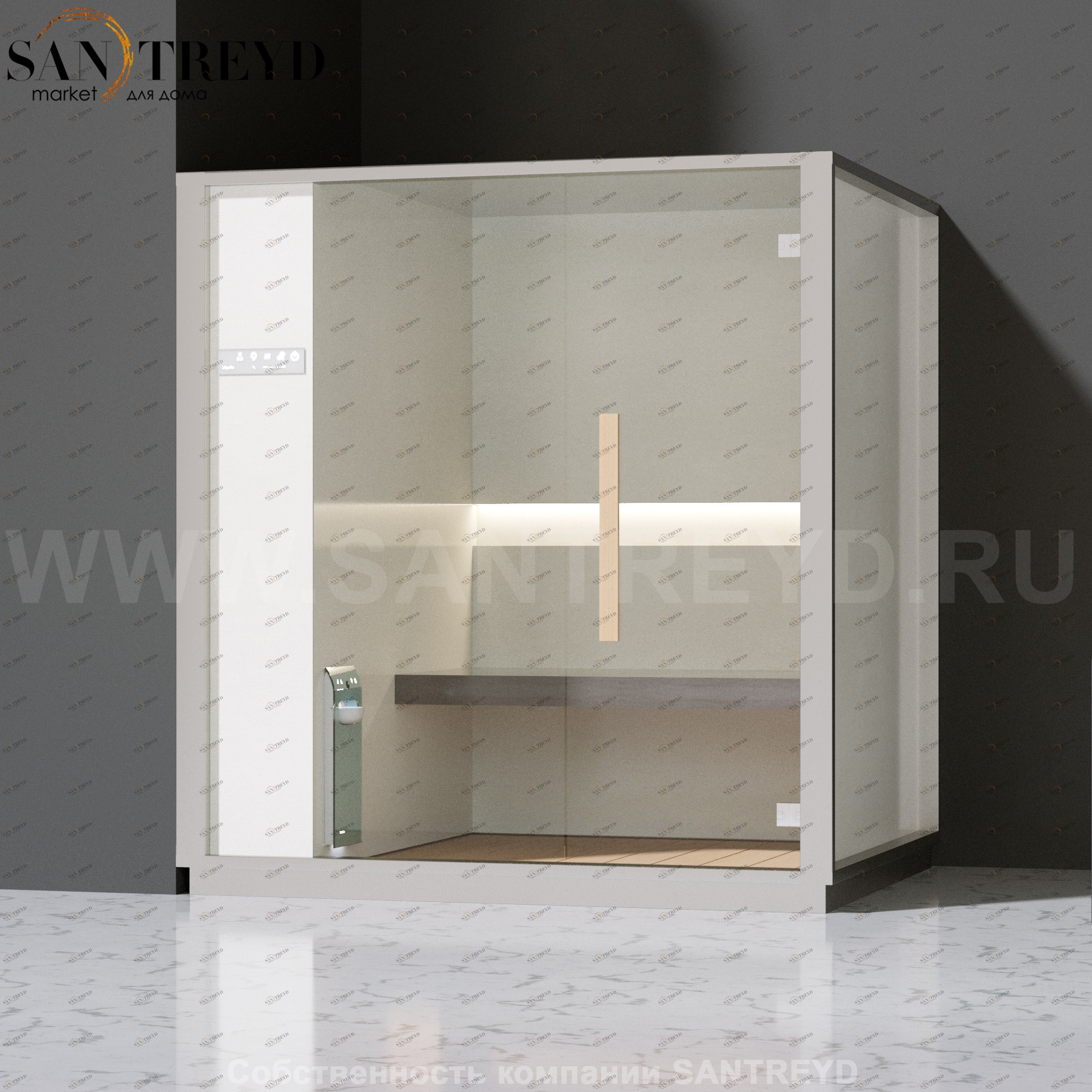 Effegibi ONE H LO60020006 Хаммам. Установка: в левый угол. Левая дверь. Мощность: 4,5 кВт макс. Размеры: длина 214 см, ширина 171 см. Отделка: матовый лакированный белый аллюминий и серый ламинат из керамогранита.