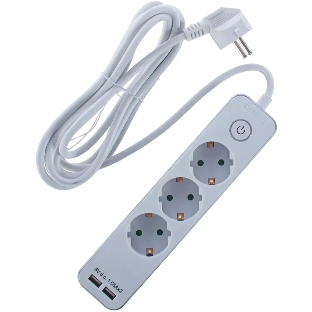 Удлинитель с заземлением Duwi 3 розетки со шторками, 3x1.5мм2, 3 м, выключатель, 2 USB, цвет белый/серебристый STLM-2073708