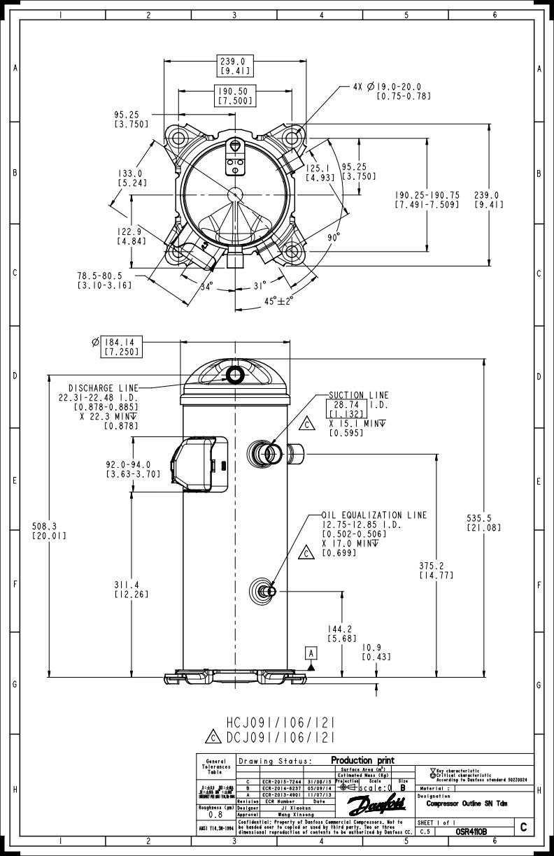 Danfoss DCJ — Герметичные спиральные компрессоры, R401A DCJ106T4LC8 Компрессор спиральный 121L5035  - Вид №11
