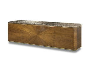 Деревянный шкаф для телевизора с распашными дверцами и мраморной столешницей