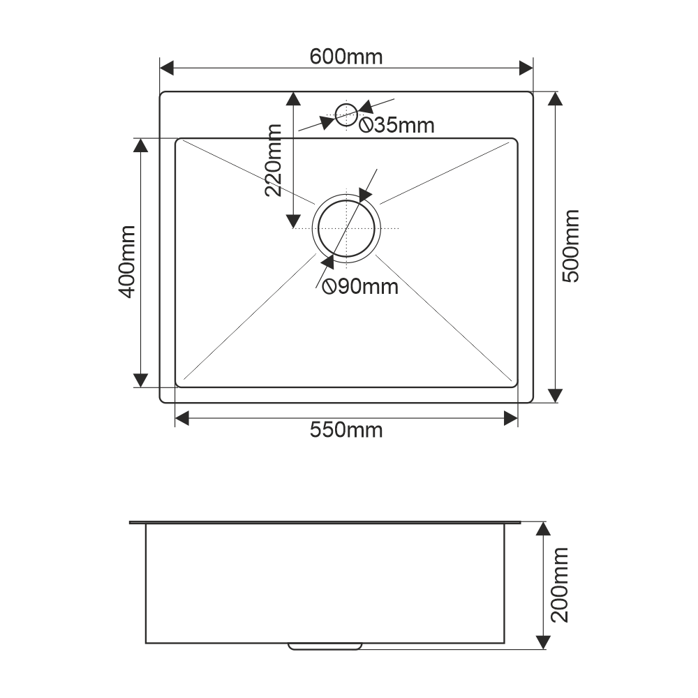 Мойка R6050HK MELANA ProfLine 3,0/200 САТИН врезная прямоугольная MLN-R6050HK - Вид №3