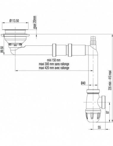 396400 000 00  Комплектное оборудование Elipso для мойки 1 чаша Д. 90 мм, регулируемая, выход Д. 40 мм, встроенные прокладки Valentin Хром  - Вид №2