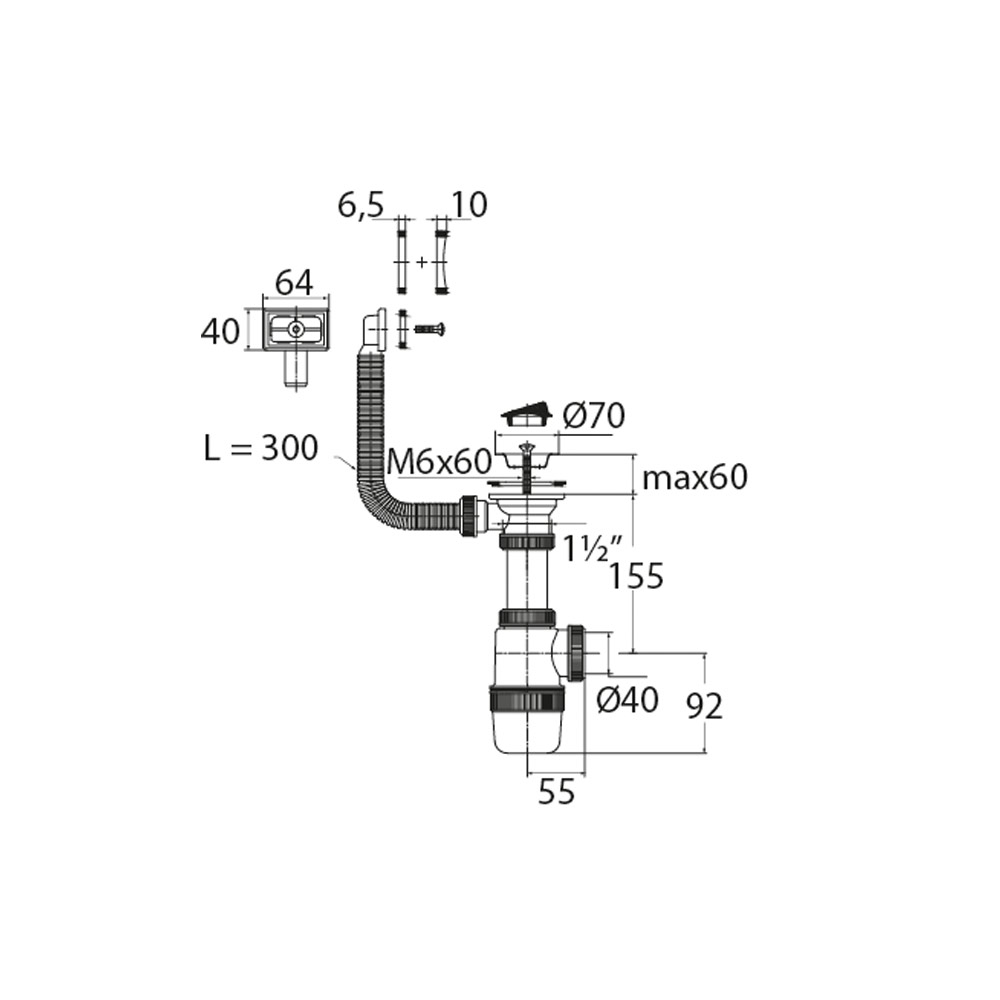Сифон "Элит" (30986150)  с нерж.чашкой д.70мм и переливом (1 1/2"-д.40) 30986150 Santreyd  - Вид №1