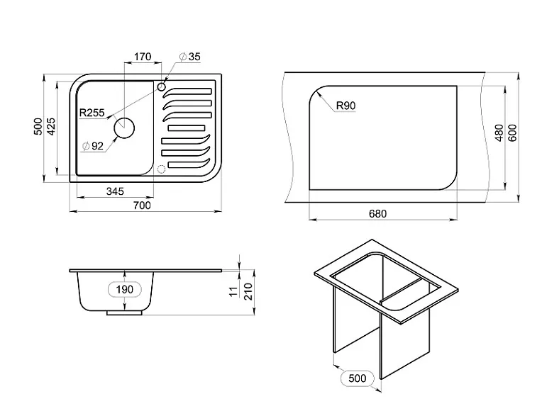 7001, ГРАФИТ (ЧЁРНО-СЕРЫЙ), кухонная мойка, кварц GRANULA 7001-ST117 - Вид №3