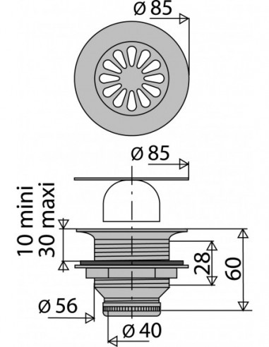 312200 000 00  Сифон для душевого поддона Д. 60 мм, круглая гирлянда, выход вертикальный Д. 40 мм на винт, латунь Valentin Хром  - Вид №2