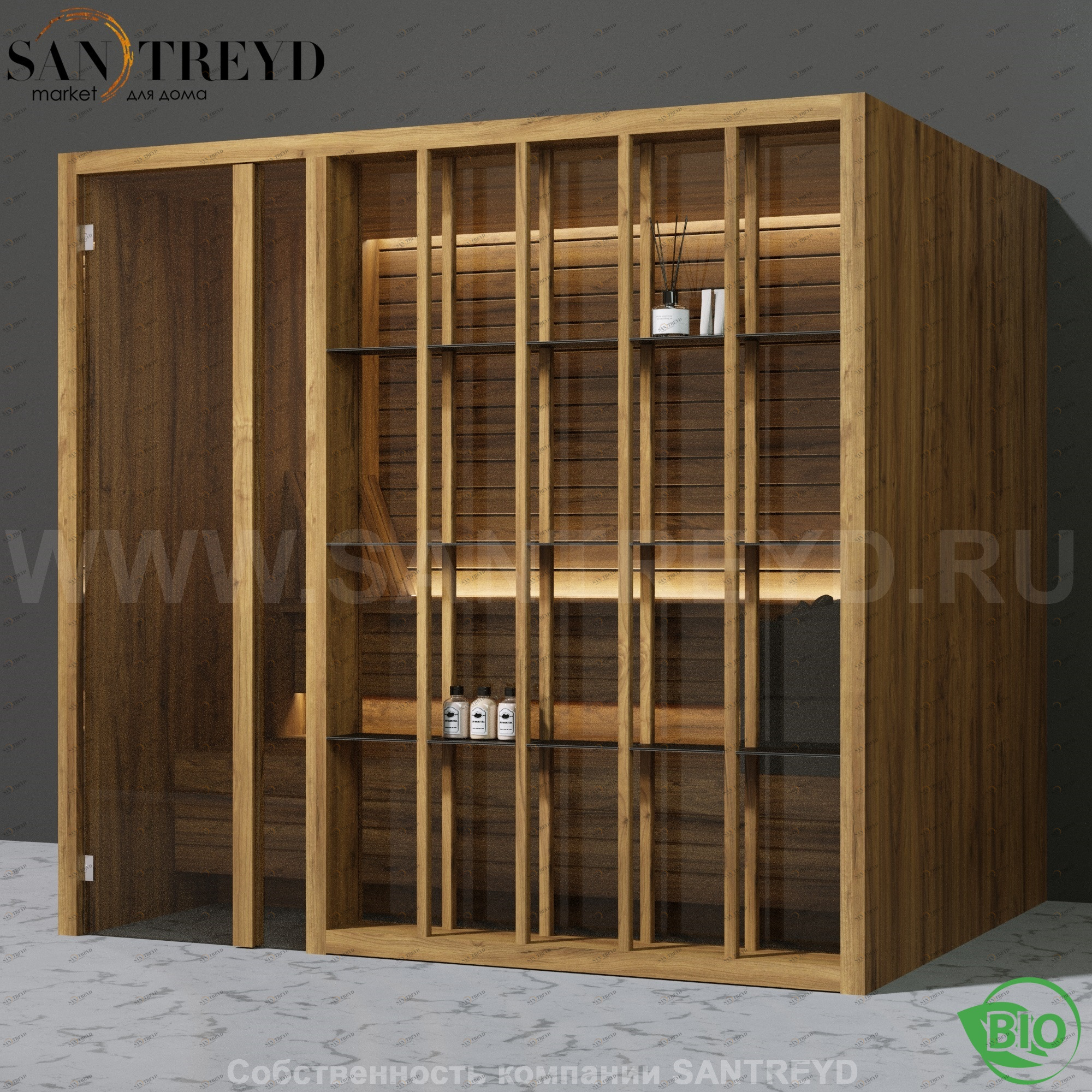 Effegibi YOKU.S105 BI.70100006 Био-сауна с левой дверью. Мощность: 12 кВт макс. Размеры: длина 230 см, ширина 200 см. Отделка: термообработанное дерево BI70100006