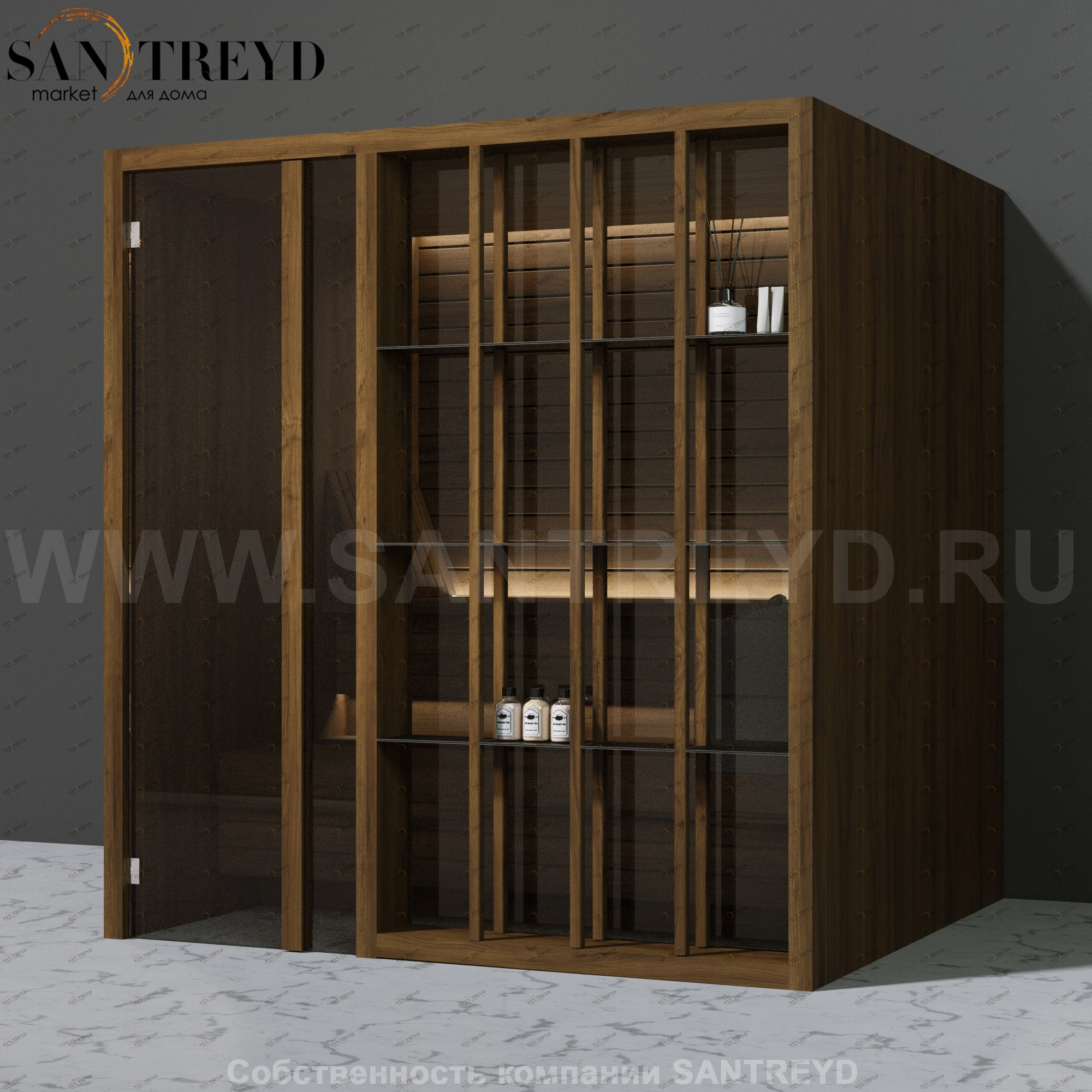 Effegibi YOKU.S80 SA.70100008 Сауна с левой дверью. Мощность: 8 кВт макс. Размеры: длина 202 см, ширина 180 см. Отделка: чёрный орех SA70100008