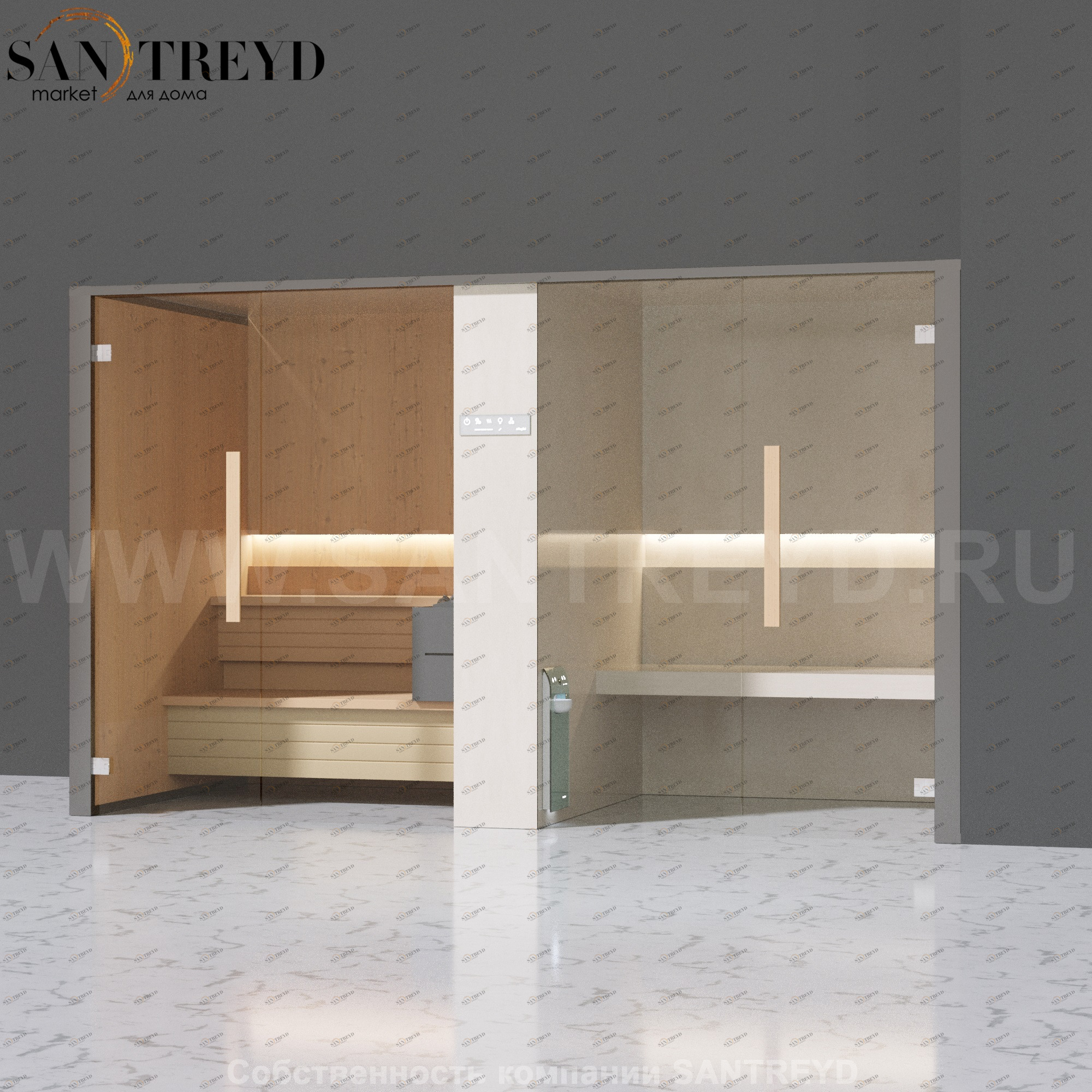 Effegibi LOGICAFILO SH LO41010004 Комбинированная баня: хаммам и сауна. Установка: в правый угол. Мощность: 10,5 кВт макс. Размеры: длина 373 см, ширина 171 см. Отделка: канадский хемлок, матовый лакированный серый аллюминий и бежевый ламинат из керамогра