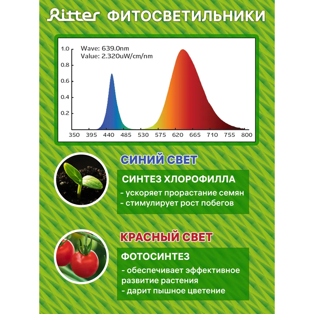 Фитосветильник линейный светодиодный Ritter 10 Вт 572 мм на кронштейне с прищепкой 56304 4 красно-синий спектр розовый свет 83614002 STLM-2129954  - Вид №12