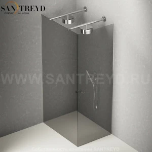 Душевое ограждение FLAT DX подрезаемое, стеклянная с дверью дымчатая перегородка с 2-мя держателями со встроенным соплом для установки верхнего душа. Размеры: глубина от 70 до 100 см, длина от 140 до 160 см