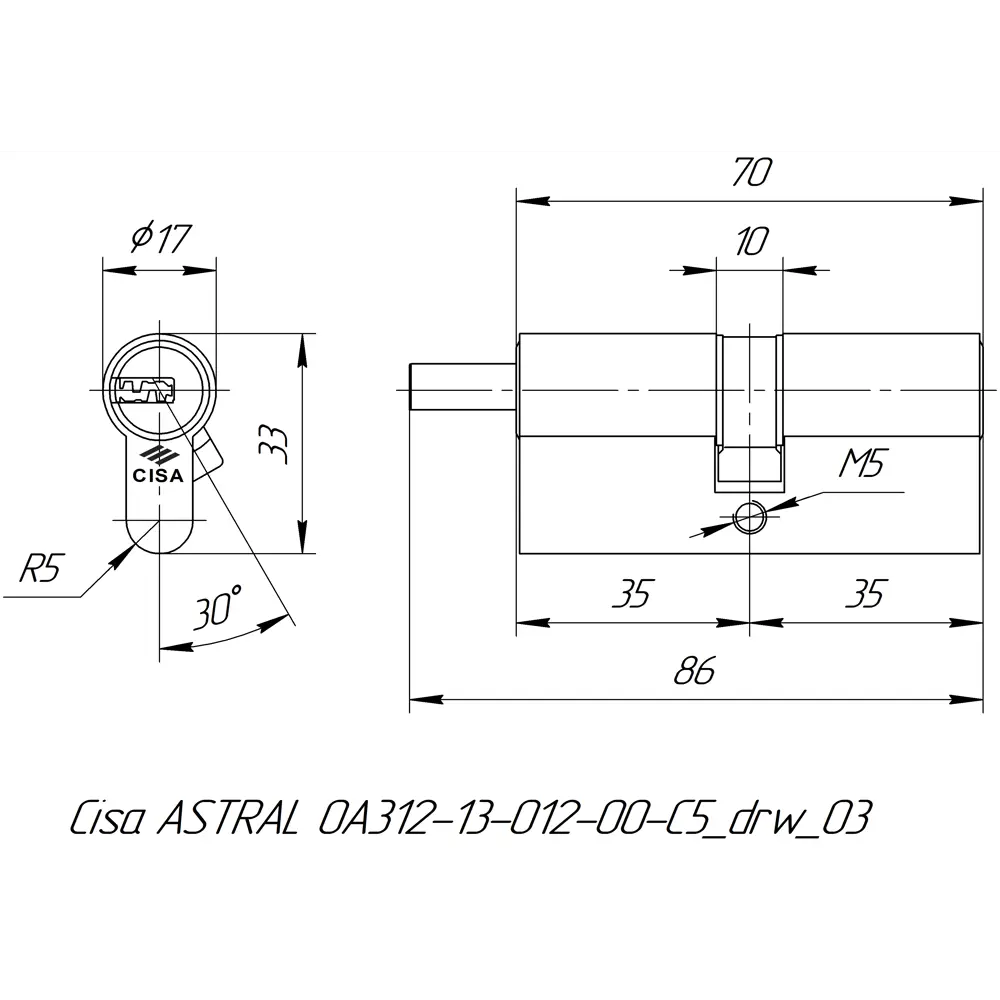 Цилиндр Cisa Astral ОА312-13.12, 35x35 мм, ключ/шток, цвет никель, без вертушки STLM-2200760 - Вид №4