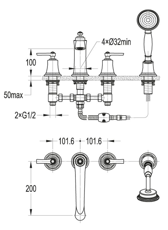 Смеситель на борт ванны с ручным выдвижным душем CEZARES LIBERTY-F-BVD4-01 - Вид №1
