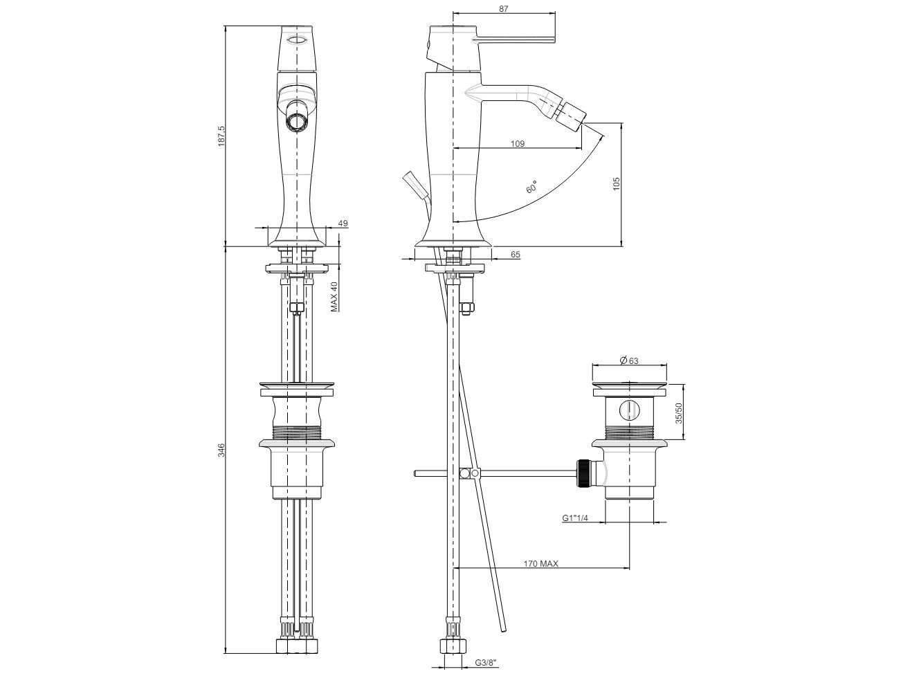 Однорычажный смеситель для биде с автоматическим сливом Rubinetterie Frattini Delizia ARCH-00073371 - Вид №3