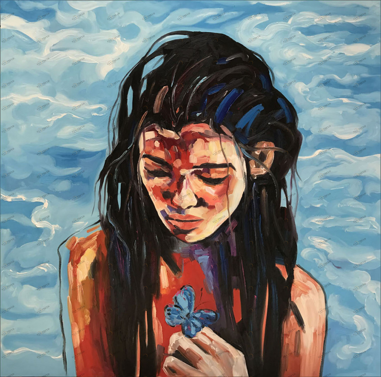 Картина на холсте 100х100 см "Девушка у моря" EVENHOME КАРТИНЫ МАСЛОМ 130068 Голубой;черный;разноцветный 