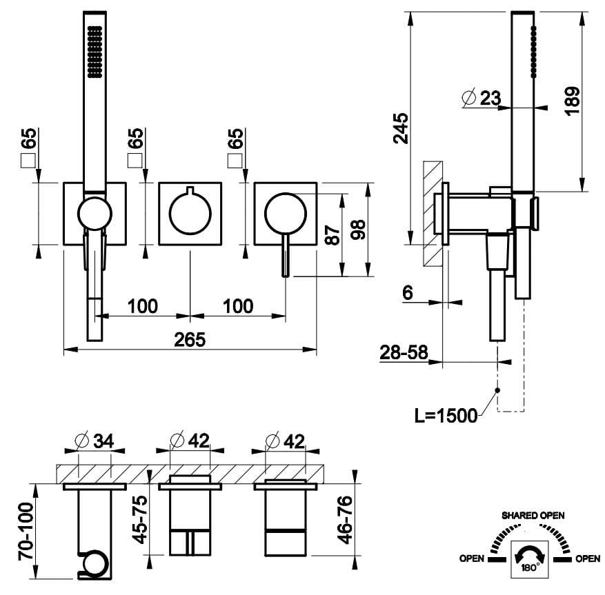 Хромированный латунный смеситель для душа с ручным душем Gessi обратный ARCH-00101623 - Вид №2