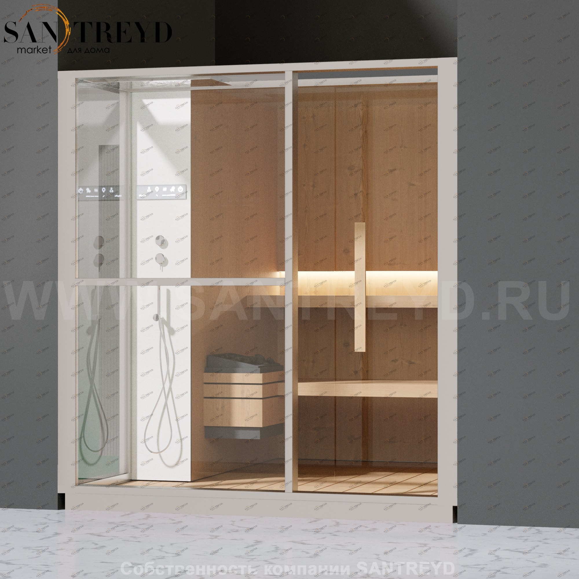 Effegibi LOGICA S LO20020010 Сауна. Установка: в нишу. Левая дверь. Мощность: 6 кВт макс. Размеры: длина 214 см, ширина 250 см. Отделка: канадский хемлок, матовый лакированный белый аллюминий и серый ламинат из керамогранита.