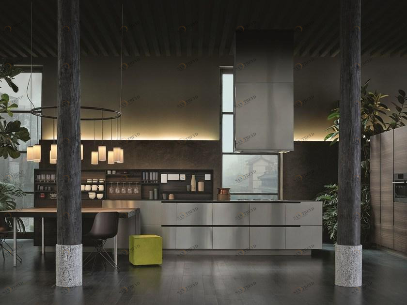 Poliform Кухня из стали и дерева с полуостровом sun-id-1424834