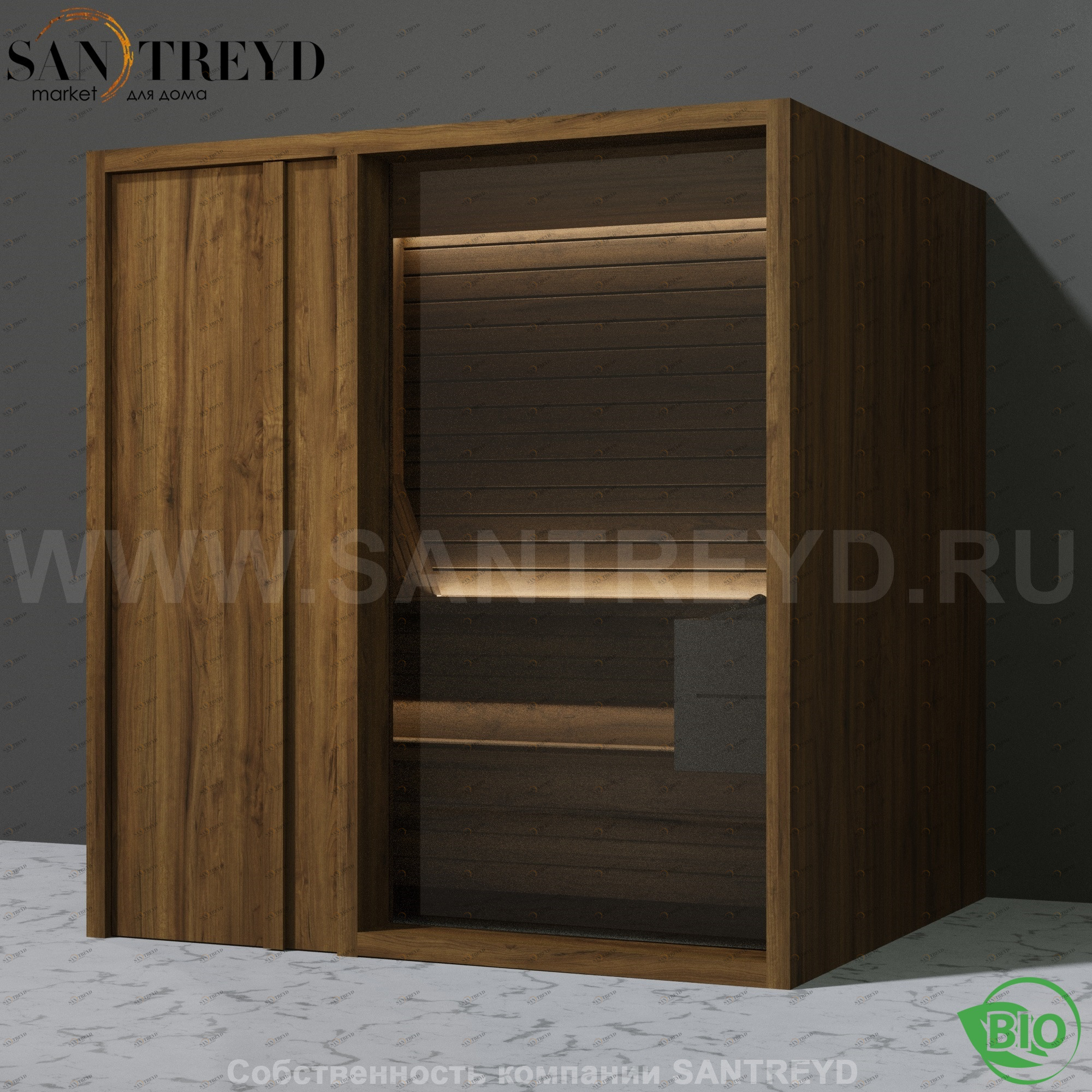 Effegibi YOKU.D80 BI.70200008 Био-сауна с левой дверью. Мощность: 9 кВт макс. Размеры: длина 202 см, ширина 180 см. Отделка: чёрный орех BI70200008