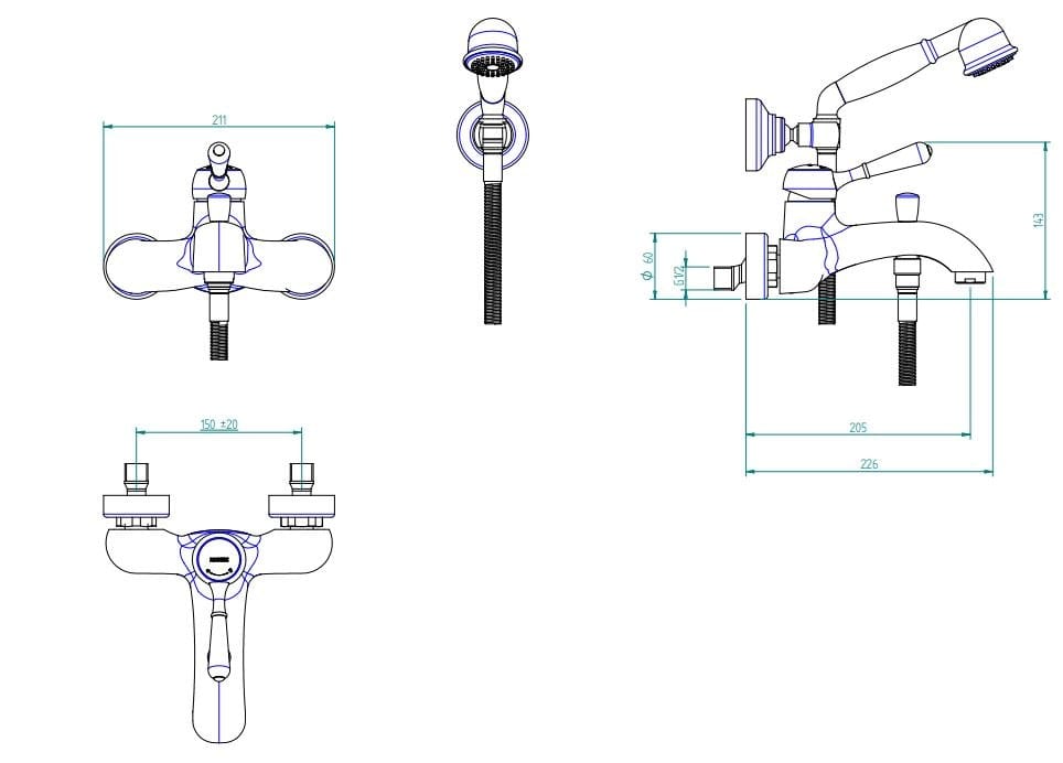 Настенный смеситель для ванны с ручным душем Zazzeri 900 ARCH-00135737 - Вид №2