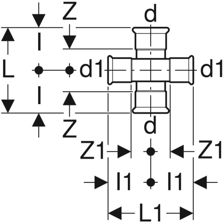 GEBERIT 61505 Крестовина двухплоскостная Geberit Mapress из меди, редукционная, с уступом  - Вид №2