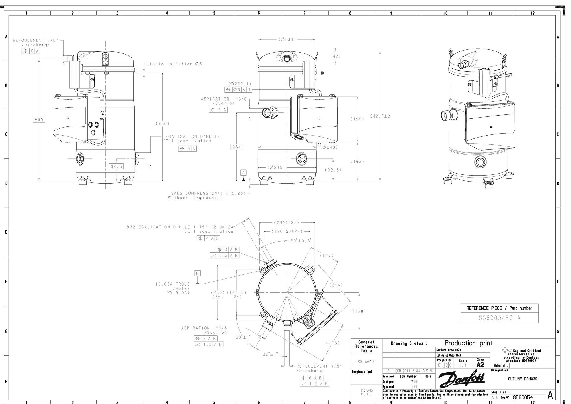 Danfoss PSH — Герметичные спиральные компрессоры, R410A PSH026A4CLD Компрессор спиральный 120H0935  - Вид №8
