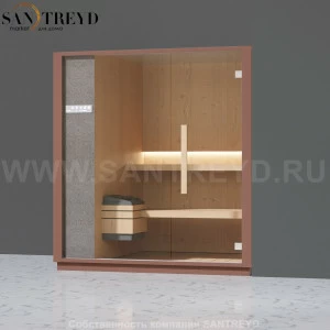 Effegibi ONE S LO50030008 Сауна. Установка: в правый угол. Левая дверь. Мощность: 6 кВт макс. Размеры: длина 214 см, ширина 171 см. Отделка: канадский хемлок, матовый лакированный серый аллюминий и бежевый ламинат из керамогранита.